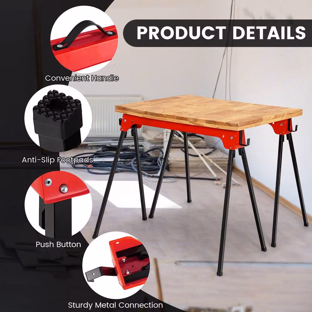 Gymax 2 Pack Folding Sawhorses Compact Tool Stands in Red – 7