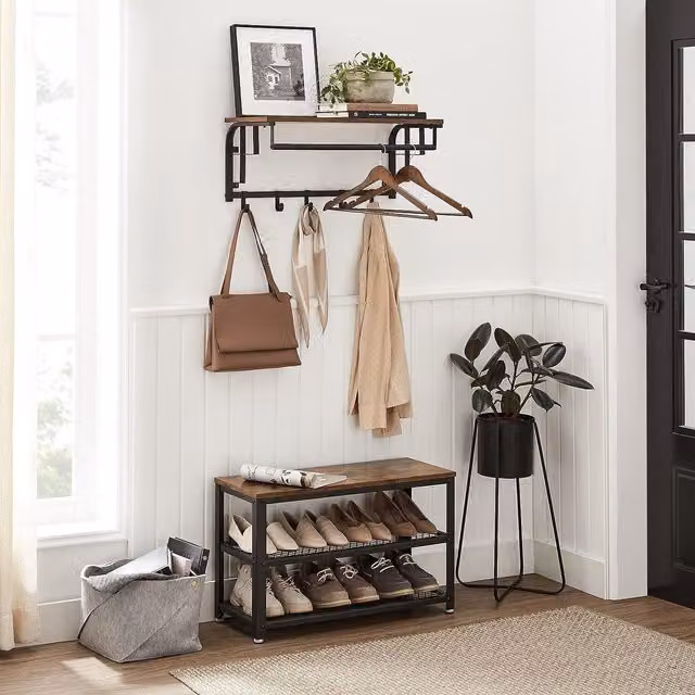 VASAGLE Rustic Brown Wall Mounted Coat Rail with Floating Shelf and 5 Removable Hooks – 1