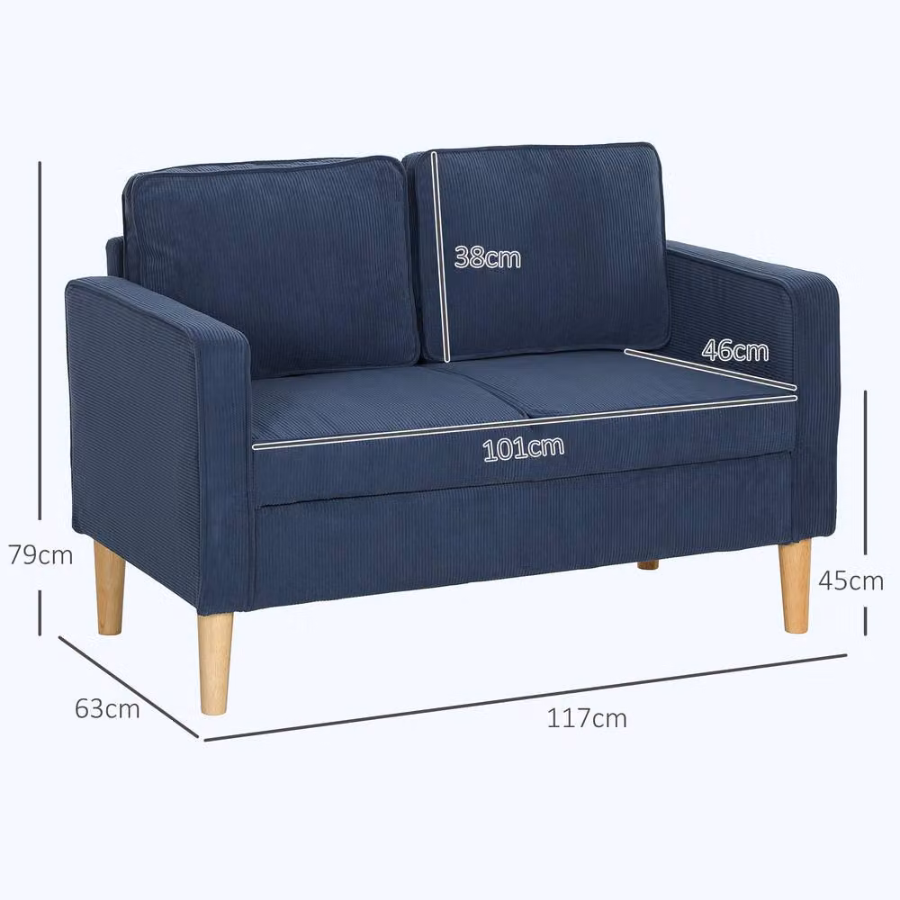 STILVORA Two Seater Blue Corduroy Upholstered Sofa with Storage and Solid Wood Frame W/D/H: 117 x 79 x 46.5 cm – 2