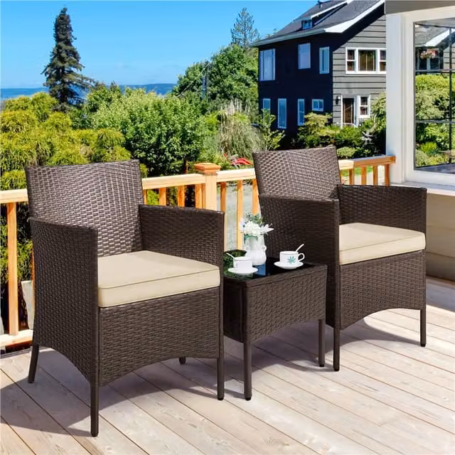 Yaheetech 3-Piece Modern Rattan and Metal Table and Chair Furniture Set in Brown