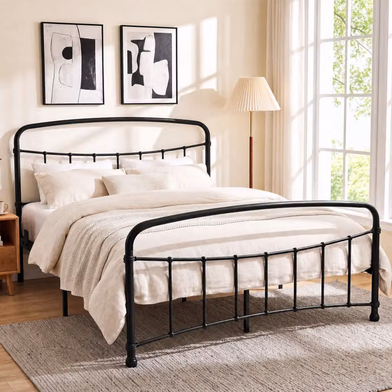 Arcforge Metal Bed Frame with Curved Headboard in Black, W/D/H: 90 x 190 cm