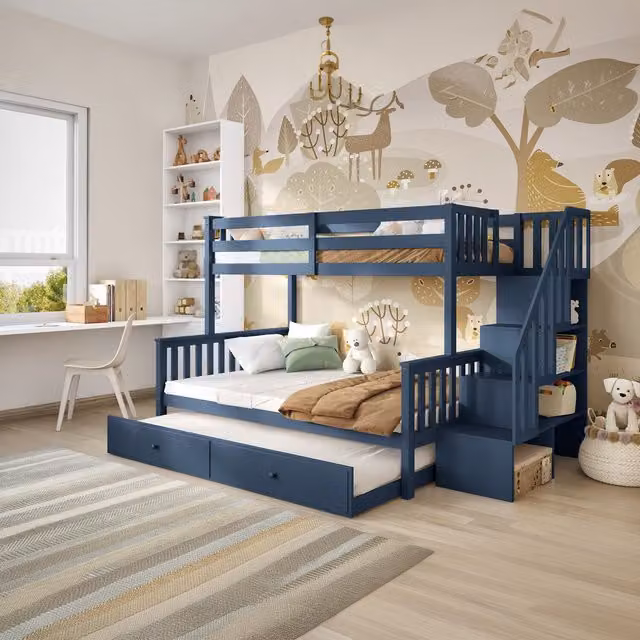 Flair Modern Triple Staircase Bunk Bed with Trundle and Drawers in Blue Wood