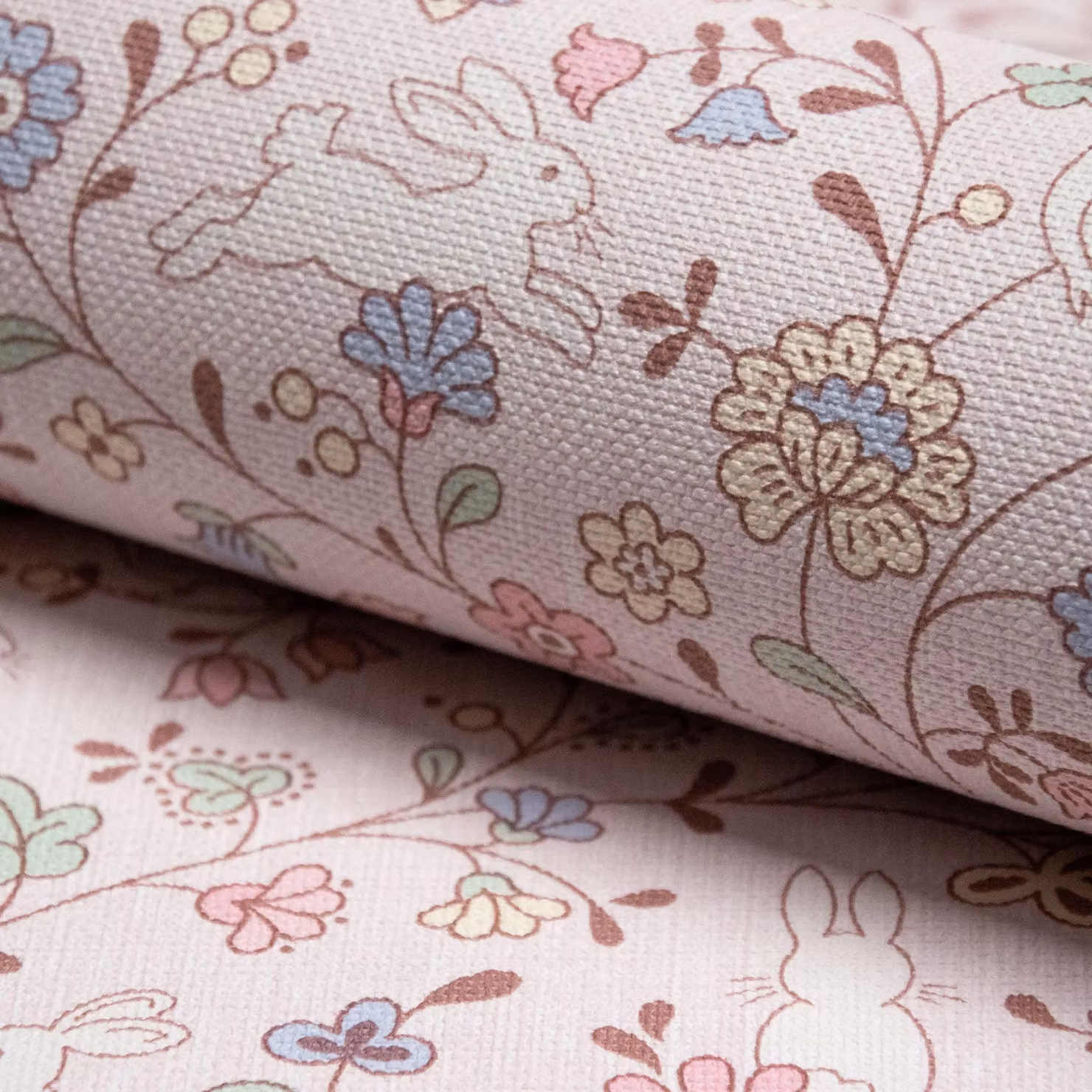Grandeco Liberty Floral Bunny Trail Nursery Textured Wallpaper in Light Pink, Green, Purple and Beige – 3