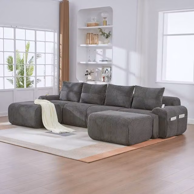Rolipo Dark Grey 4-Seater Modular Cord Sofa with Ottomans and Cup Holders