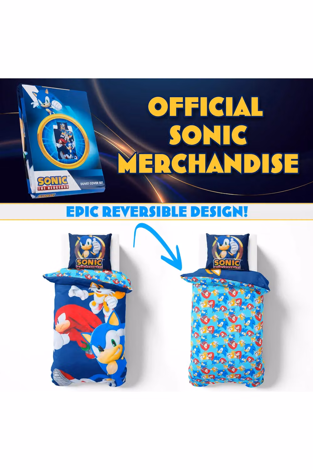 Get Trend Sonic the Hedgehog Single Duvet Cover and Pillowcase Set, Blue and Multicolour, W/D/H: 135 x 200 cm – 6