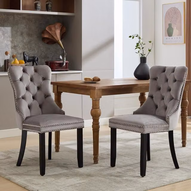 Aosom.UK Set of 2 Grey Velvet Dining Chairs with Button Tufted Backrest and Rubberwood Legs, W/D/H: 64 x 50 x 96 cm – 1