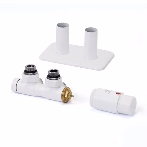 Terma Vario Twins Angled Accessory Valve Set with Thermostat Head and Pipe Masking, 50mm, White Matt RAL 9016