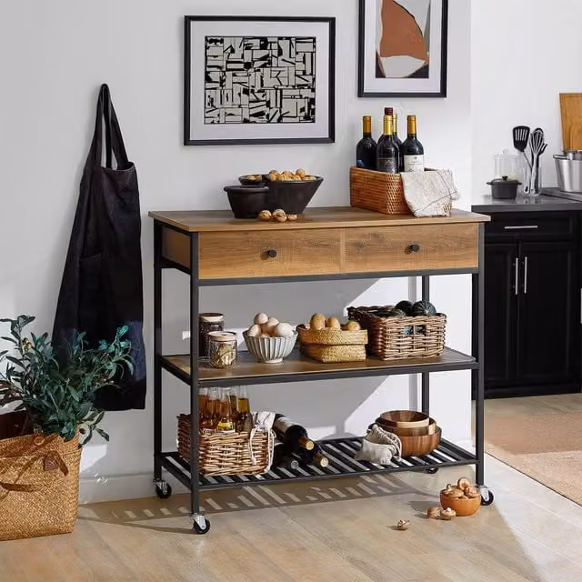 SoBuy Industrial Kitchen Trolley with 2 Drawers and 3 Shelves in Brown and Black – 1