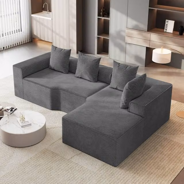 Dprodo Grey Corduroy Right L-Shaped Modular Sofa with Scatter Cushions, Width: 320 cm – 1