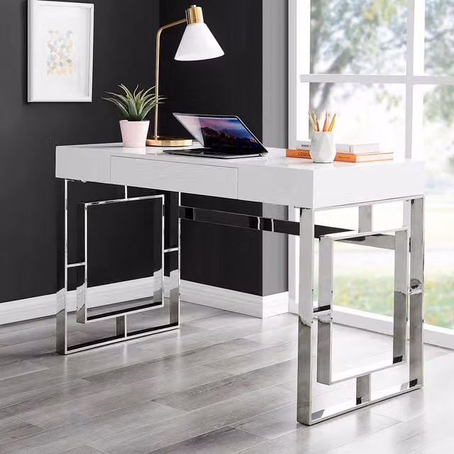 FurnitureboxUK Cambridge White High Gloss Art Deco Writing Desk with Single Pedestal