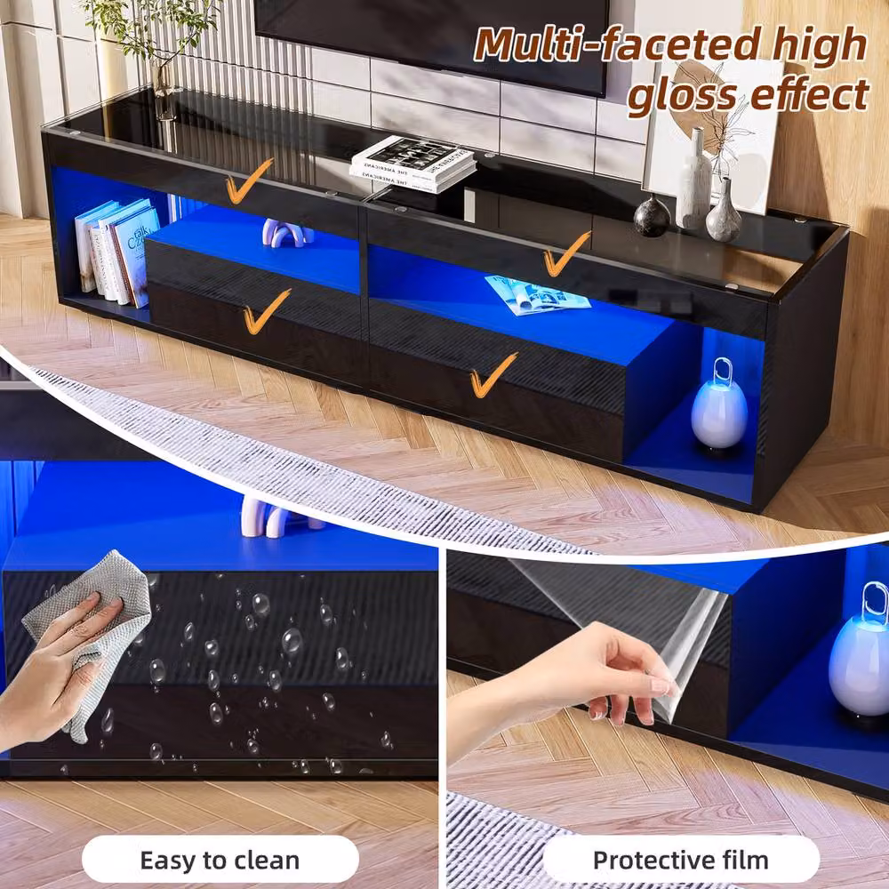 Rolipo Black High Gloss LED TV Stand for up to 80 Inch TVs, 180 cm Wide – 4