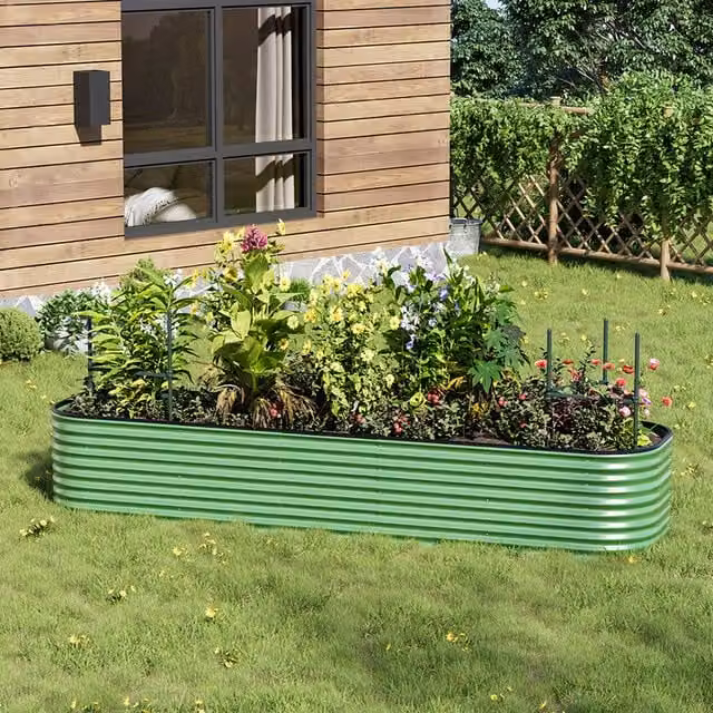 Lifeideas Oval Metal Raised Flower Bed in Green, W: 320 cm, D: 80 cm, H: 56 cm