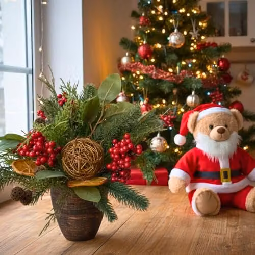 Shatchi Christmas Tree Topiary with Red Berries, Orange Slices, Eucalyptus and Rattan Balls, Green and Red Tabletop Decoration, Height: 40.64 cm – 8