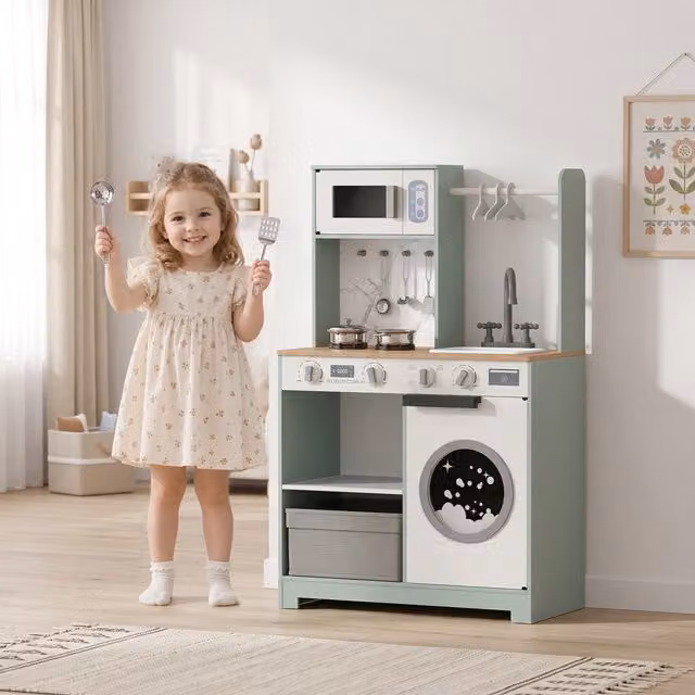 AIYAPLAY Kids Play Kitchen with Stove, Sink and 5 Accessories in Green and White