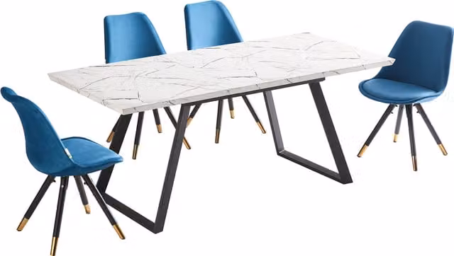 Life Interiors Sofia Toga LUX Blue and Gold Scandinavian Dining Set with Extendable Rectangular Ceramic Table and 4 Chairs