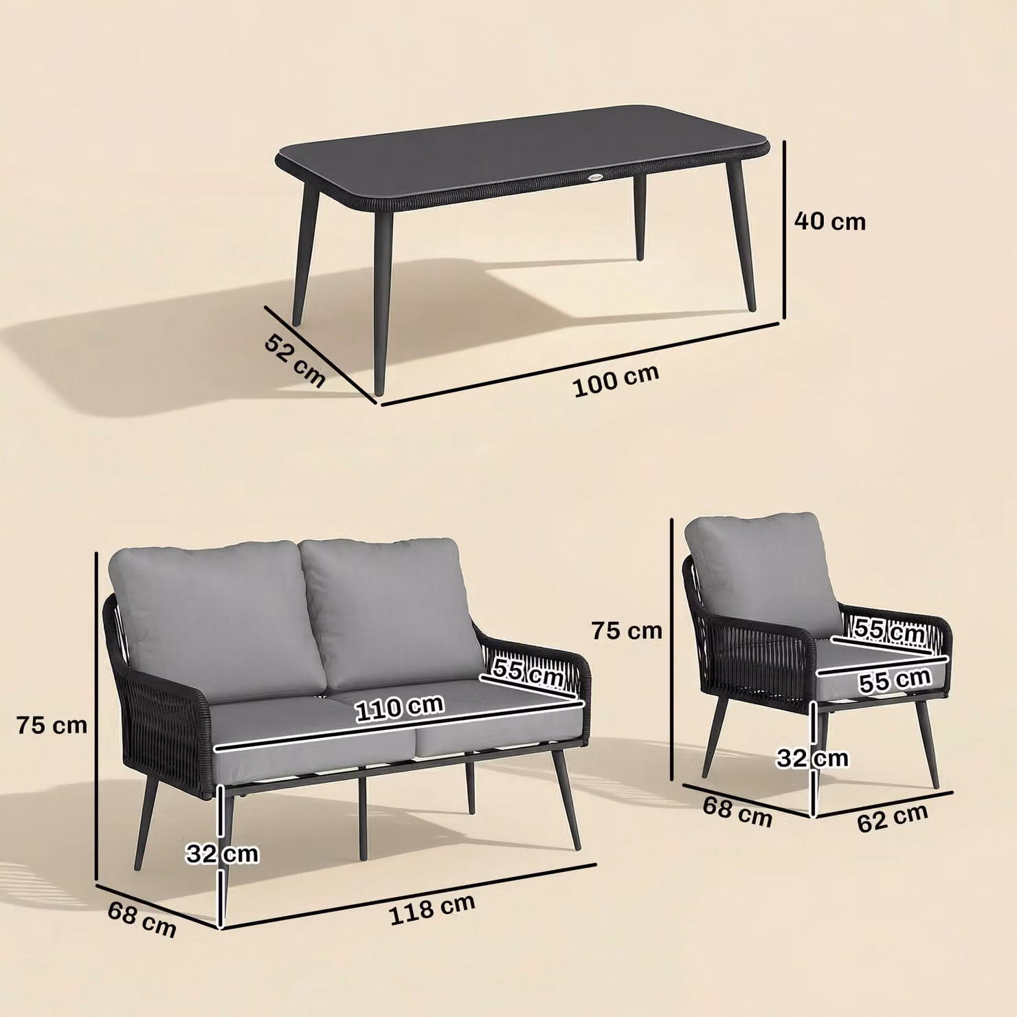 Outsunny 4 Piece Grey Rattan Garden Furniture Set with Tempered Glass Table and Powder Coated Steel Frame – 4