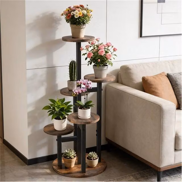 Ventryn Industrial Corner Tiered Flower Pot Stand in Brown and Black