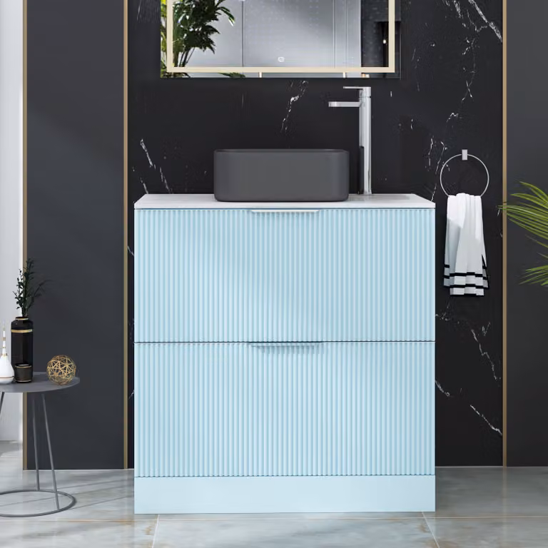 Royal Bathrooms Evora 800mm Powder Blue Fluted Floor Standing Countertop Vanity Unit with 2 Drawers and Art Square Basin