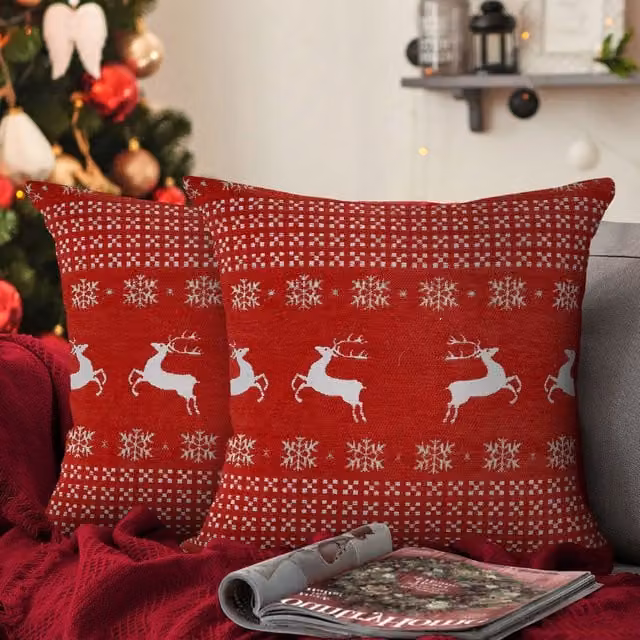 Velosso Dancing Stags Christmas Cushion, Red and Multicolour, W/D/H: 43 x 43 x 43 cm