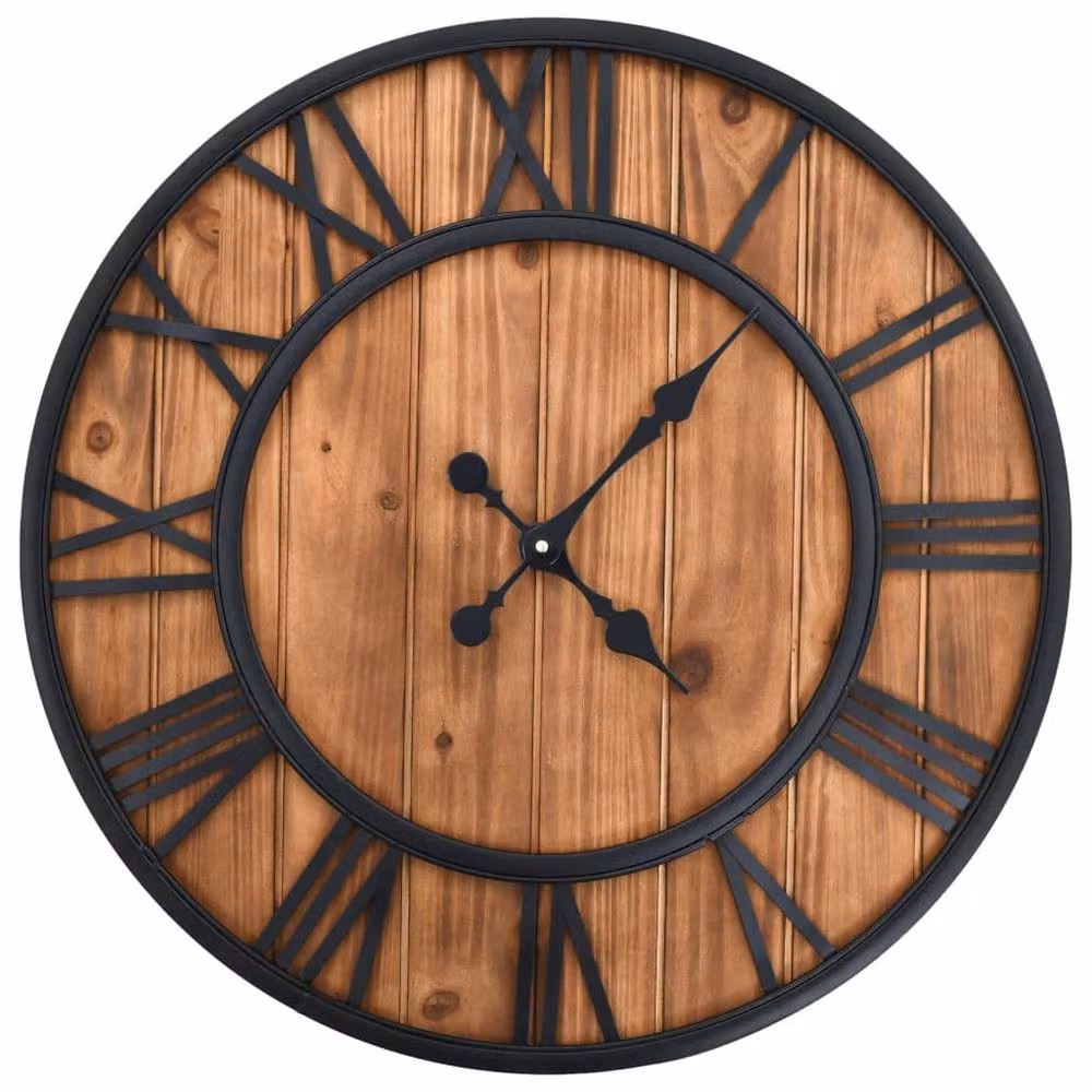 Berkfield Home Vintage Round Wall Clock with Quartz Movement in Brown Wood and Metal, Diameter: 60 cm – 2