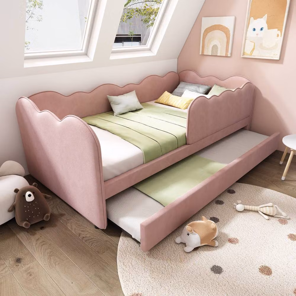 Rolipo Pink Velvet Daybed with Trundle, 3FT Single Upholstered Guest Bed, W/D/H: 90 x 190 x 70 cm – 5