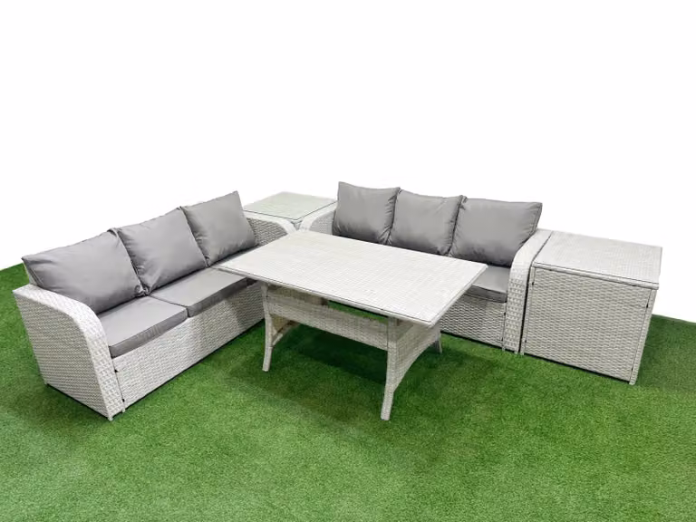 Fimous 6 Seater Rattan Garden Furniture Set with Rectangular Glass Dining Table and High Back Lounge Sofas in Grey and White