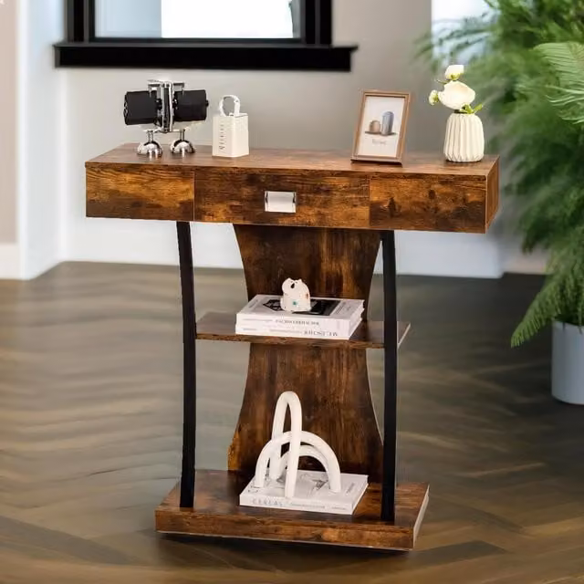 Pirlo Plush Industrial T-Shaped Console Table in Rustic Brown with Metal and Wood Construction, W/D/H: 87 x 30 x 30 cm