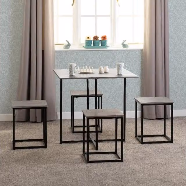 Seconique Kent Stowaway Industrial Dining Set with Rectangular Table and Chairs in Grey Matt Finish