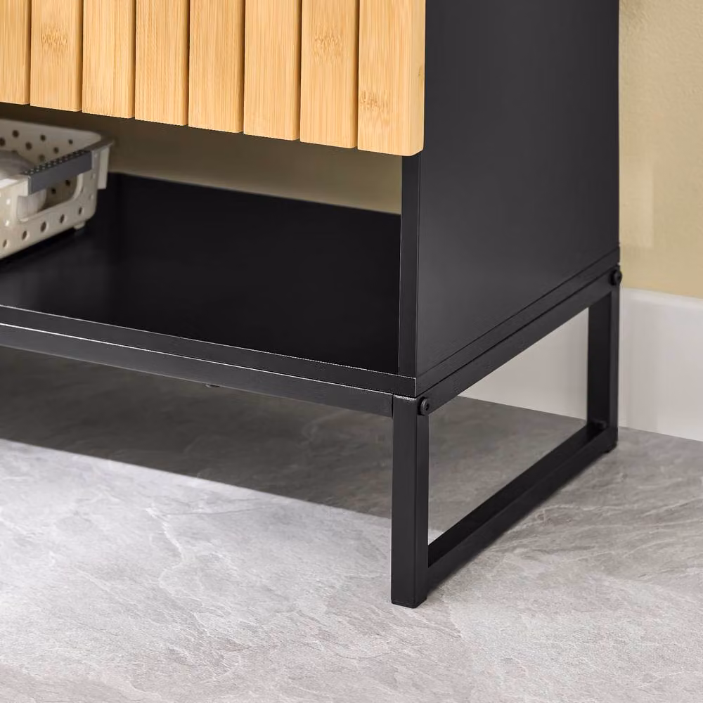 SoBuy Modern Under Sink Bathroom Cabinet with Natural Bamboo Hinged Doors and Black Metal Frame – 3