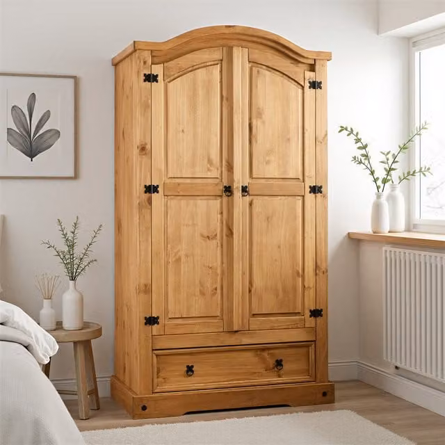 Seconique Corona Rustic Waxed Pine 2 Door 1 Drawer Wardrobe in Brown