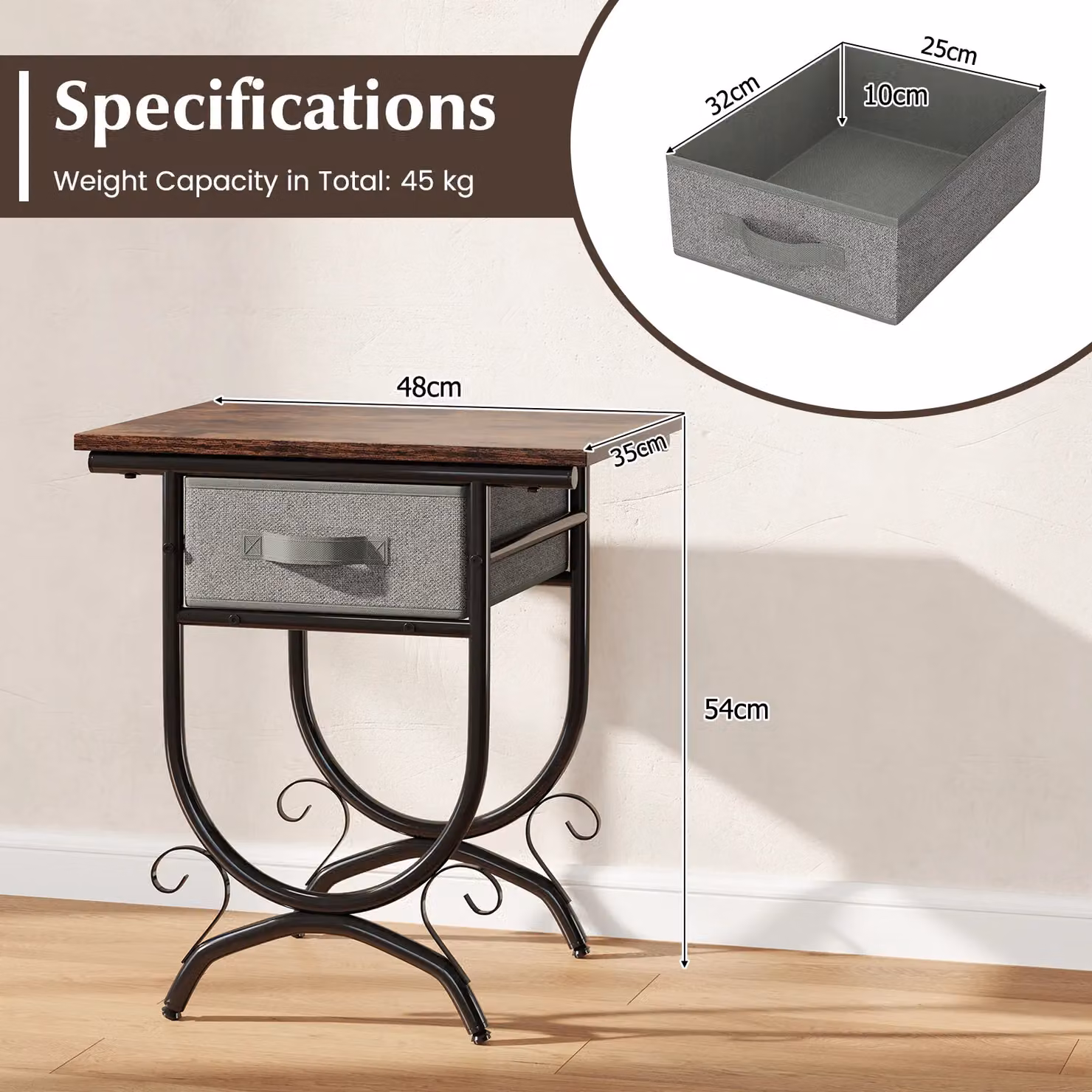 Gymax Industrial 2-Tier Bedside Table with Fabric Drawer in Brown – 3