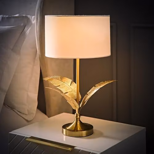 ValueLights Christina Single Stem Table Lamp with White Drum Shade and Gold Palm Leaf Detail, Includes LED Bulb – 2