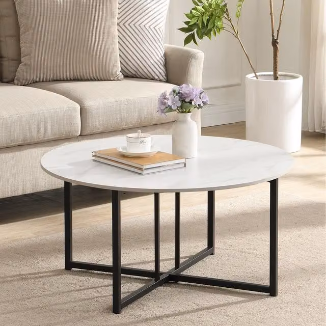 Artemis Home Solstice Round Coffee Table in White with Ceramic Top and Sled Base, Diameter: 80 cm, Height: 80 cm