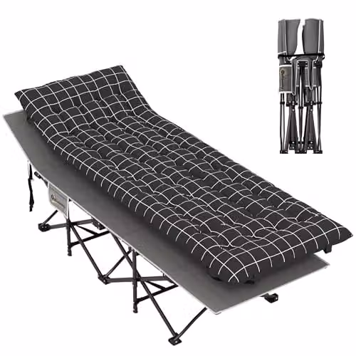 Outsunny Folding Camping Bed for Adults with Padded Foam, Adjustable Headrest and Side Compartments, Black – 1