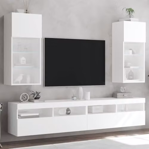vidaXL Set of 2 Modern Wall Mounted TV Cabinets in White with Glass and Wood Details, W/D/H: 90.0 x 40.5 x 30.0 cm – 2
