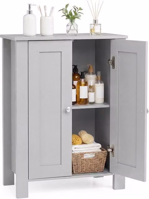 Costway Modern Grey Wooden Bathroom Floor Cabinet with Double Hinged Doors and Internal Shelves