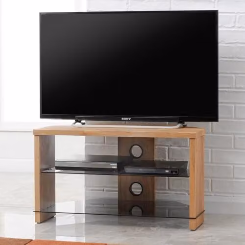 Ttap Montreal TV Stand with Wood Top and Tinted Glass Shelves, Light Oak, W: 105 cm, D: 40 cm, H: 45 cm – 2