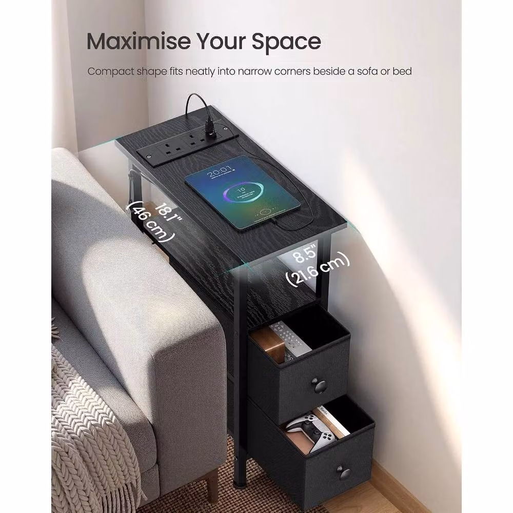 FORGEVIO Modern Black Matt Bedside Table with Integrated LED Lighting and Charging Station – 4