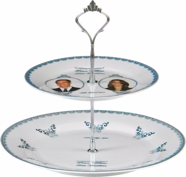 Orsina 2 Tier Round Porcelain Wedding Cake Stand in White and Blue, W/D/H: 27.0 x 27.0 x 25.0 cm