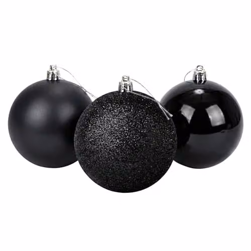 SHATCHI Set of 3 Black Shatterproof PVC Christmas Baubles, 20 cm Round Hanging Ornaments with Glossy, Matt and Glitter Finishes – 1