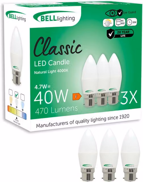 British Light Works B22 Bayonet Dimmable LED Candle Bulbs, 4.7W, Natural White 4000K, Pack of 3