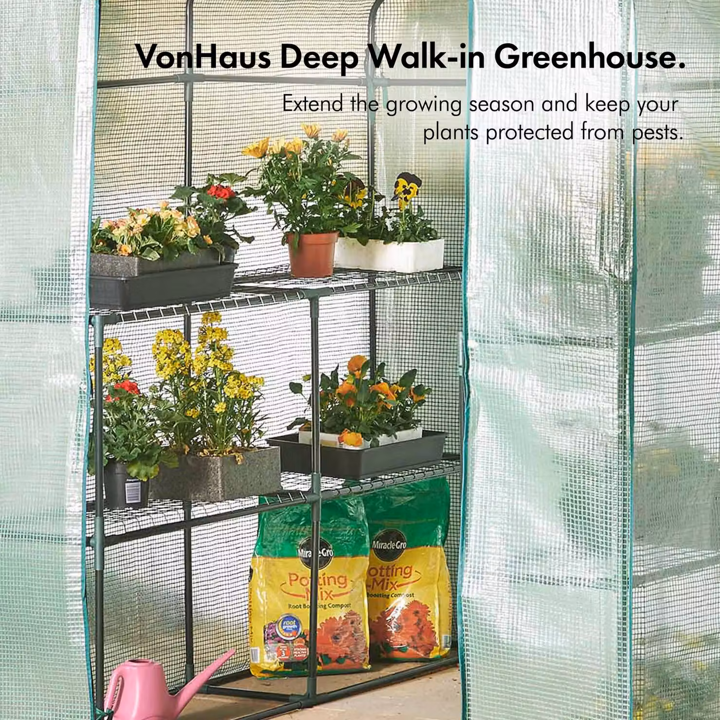 VonHaus Walk In Greenhouse with 8 Shelves in White, H 193 cm x W 143 cm x D 143 cm – 3