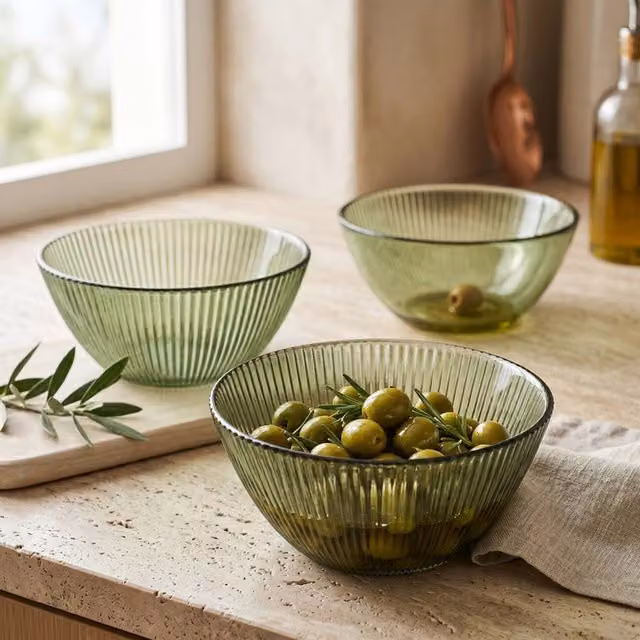 Madison & Mayfair Set of 3 Elegant Olive Ridged Green Glass Bowls