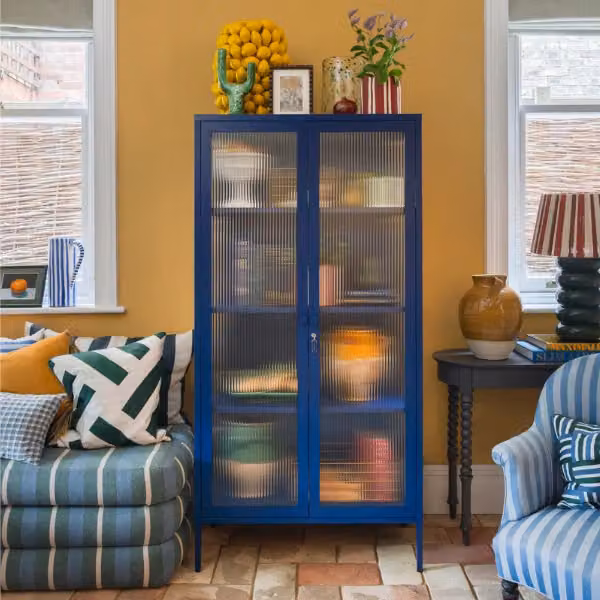 Mustard Made The Collector Navy Blue Modern Freestanding Display Cabinet with Glass Doors, Integrated Lighting and Adjustable Shelves, H 170 x W 85 x D 40 cm – 2