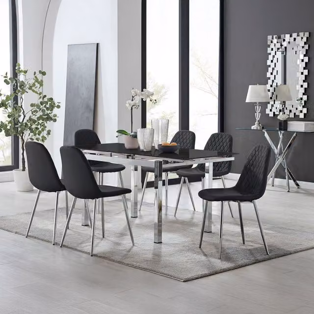 FurnitureboxUK Enna Black Glass Extending Dining Table and 6 Corona Silver Leg Chairs
