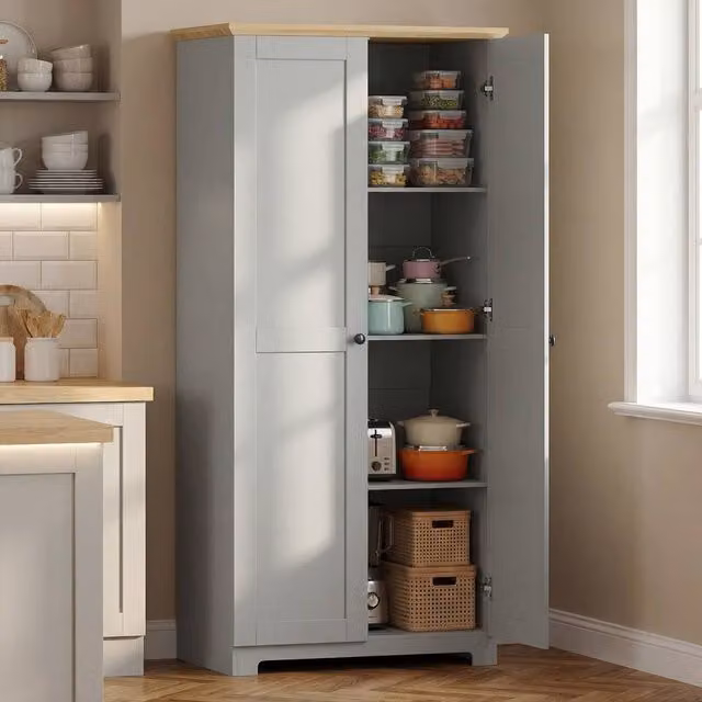 HOMCOM Modern Grey Freestanding Tall Kitchen Storage Cabinet with 2 Hinged Doors and Internal Shelves, H 172 x W 80 x D 47 cm
