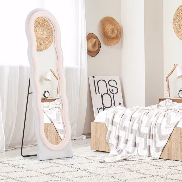 HOMCOM Arched Full Length Mirror, Irregular Wavy Freestanding Organic Design in Pink