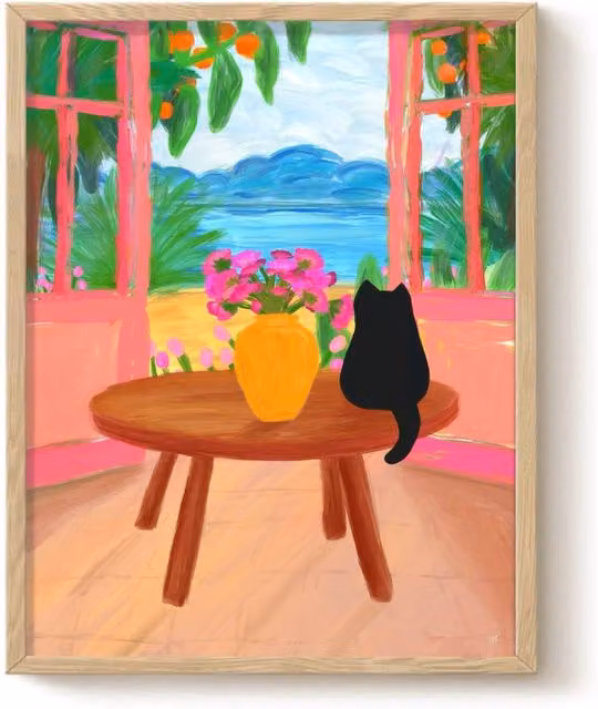 The Paper Tail Beach Views Black Cat Art Print, Multicolour, A3