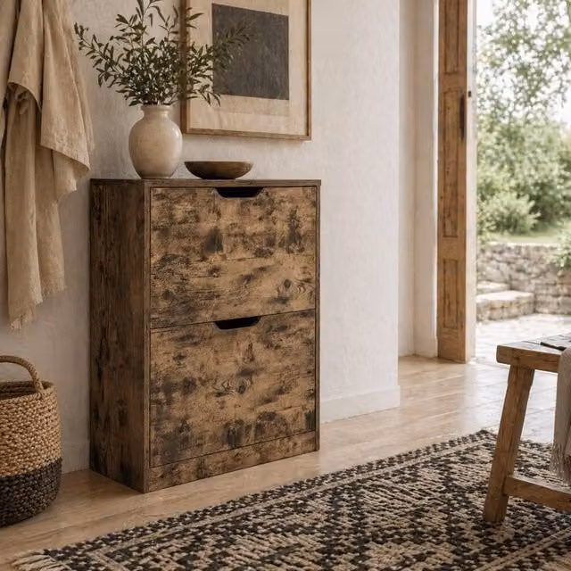 Wyld Haus Rustic Brown Wooden Shoe Cabinet with 2 Tilting Compartments, Holds 12 Pairs, W/D/H: 62.5 x 26.0 x 81.0 cm