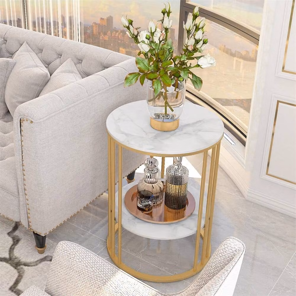 VOGREX Round Marble Coffee Table with Gold Tiered Shelves – 3